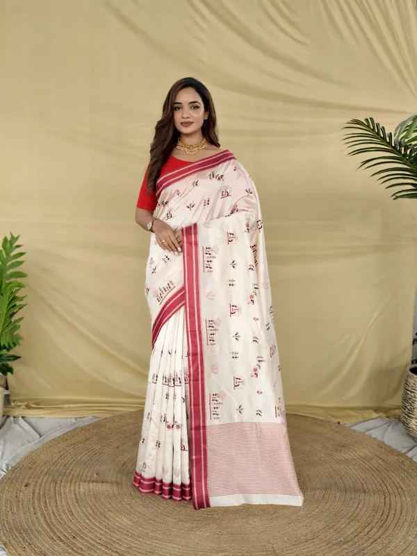 Red_Cream_Tussar_Silk_Woven,Embroidery_Saree_For_Women