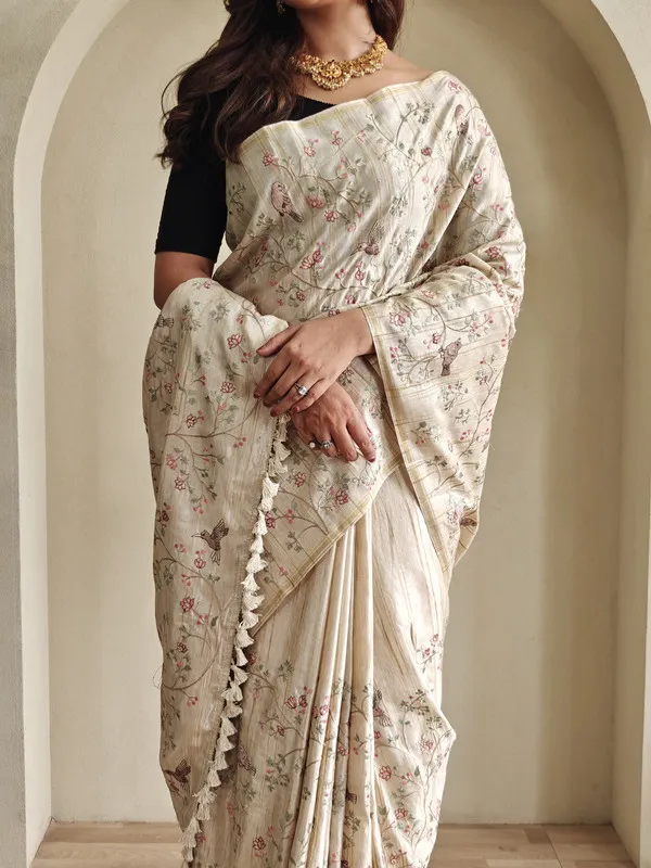 Cream_Tussar_Silk_Embroidery_Saree_For_Women
