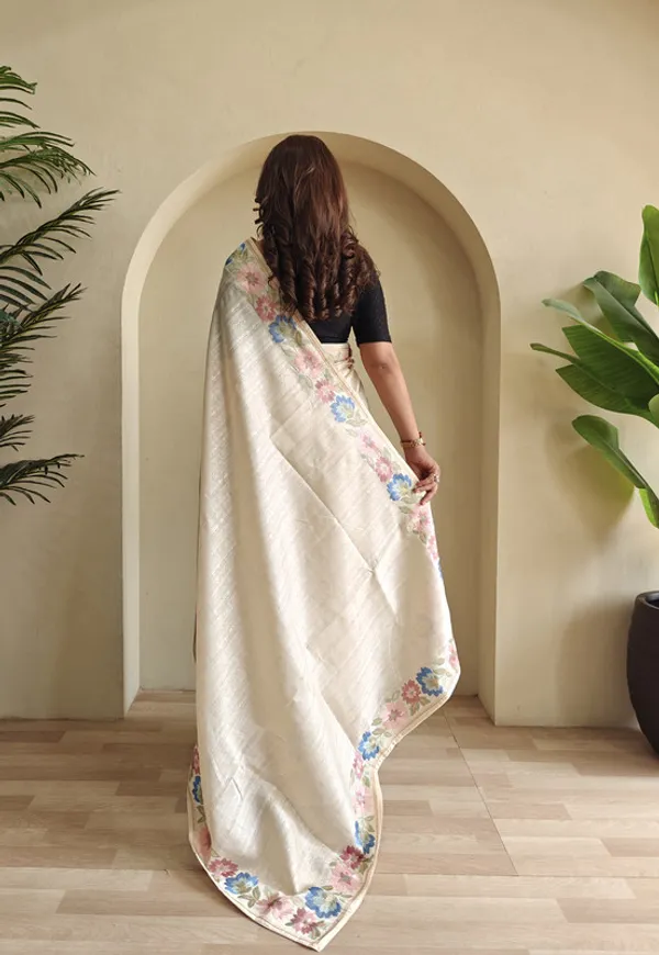 Cream_Tussar_Silk_Embroidery_Saree_For_Women