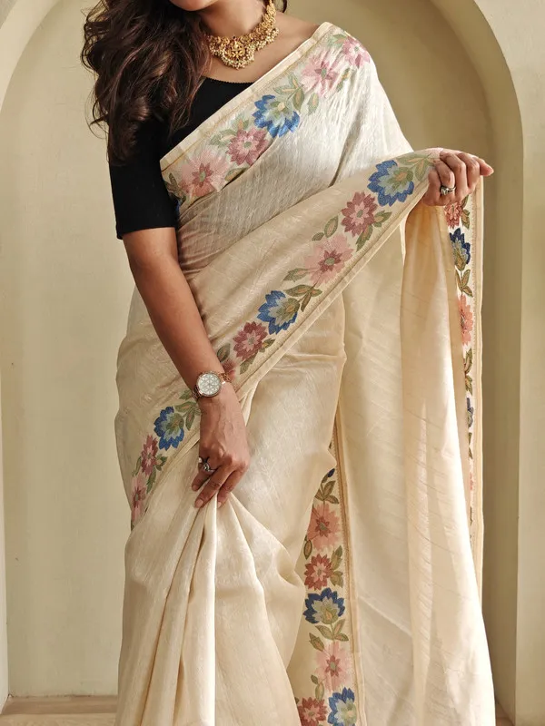 Cream_Tussar_Silk_Embroidery_Saree_For_Women