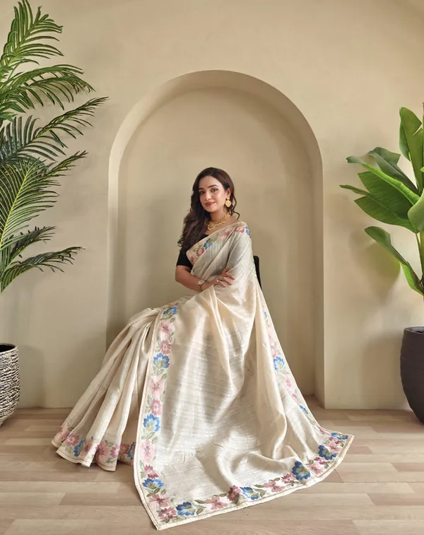 Cream_Tussar_Silk_Embroidery_Saree_For_Women