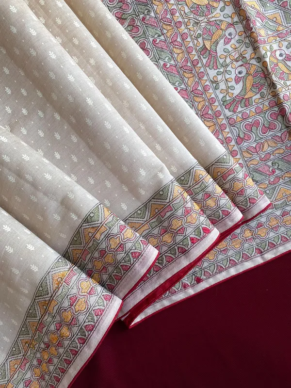 Red_Tussar_Silk_Position_&_Madhubani_Embroidery_Saree_For_Women