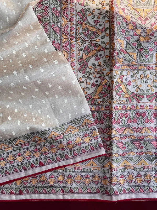 Red_Tussar_Silk_Position_&_Madhubani_Embroidery_Saree_For_Women