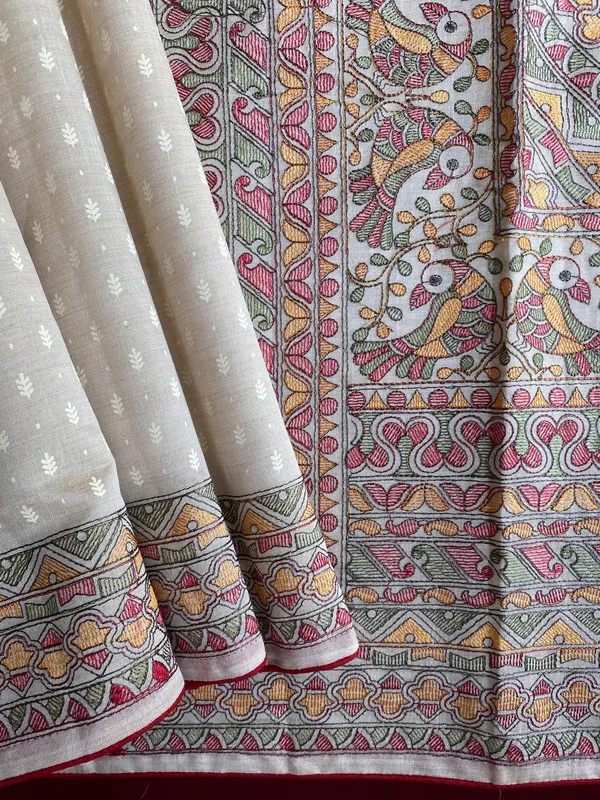 Red_Tussar_Silk_Position_&_Madhubani_Embroidery_Saree_For_Women