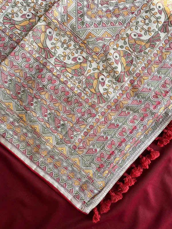 Red_Tussar_Silk_Position_&_Madhubani_Embroidery_Saree_For_Women
