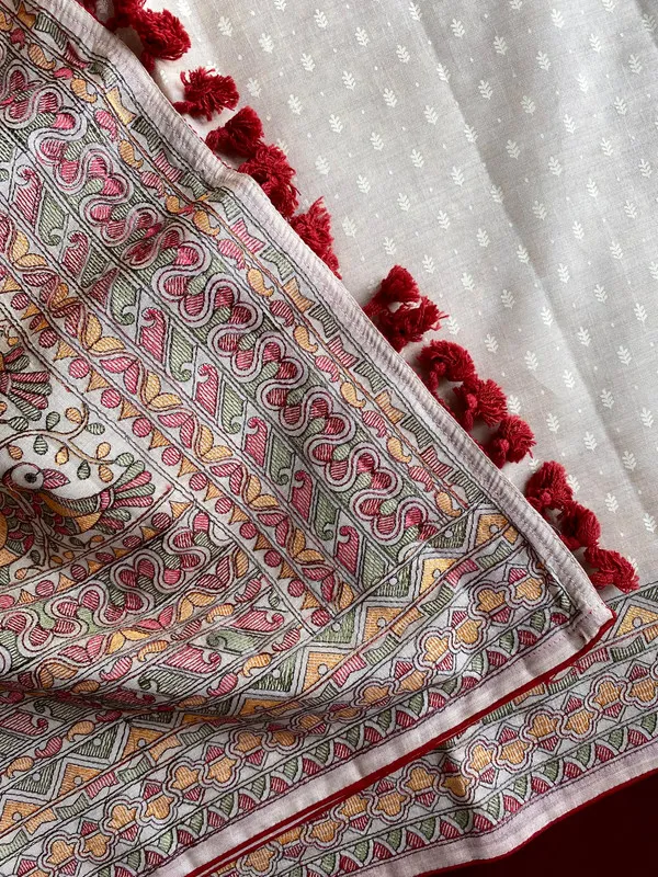 Red_Tussar_Silk_Position_&_Madhubani_Embroidery_Saree_For_Women