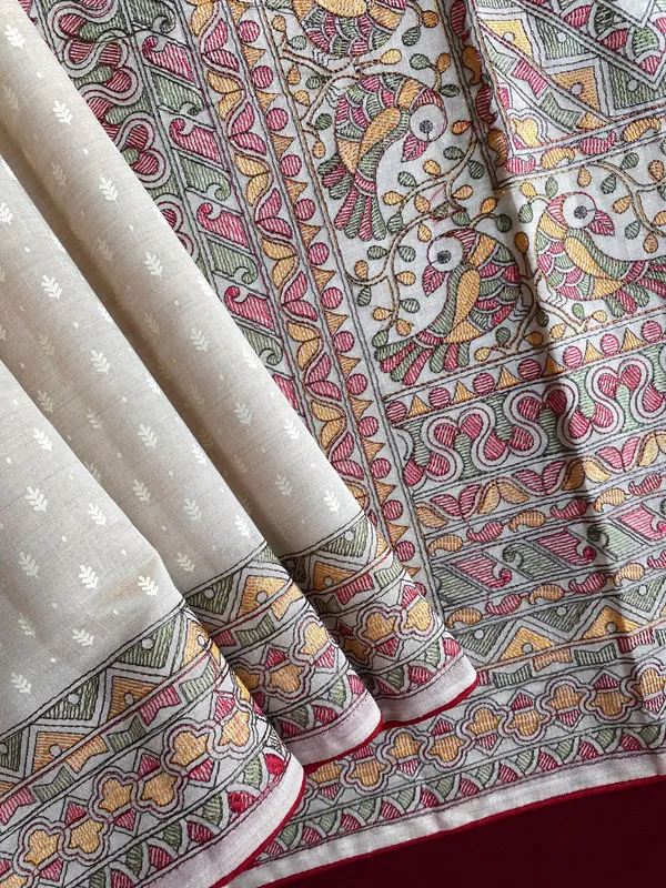 Red_Tussar_Silk_Position_&_Madhubani_Embroidery_Saree_For_Women