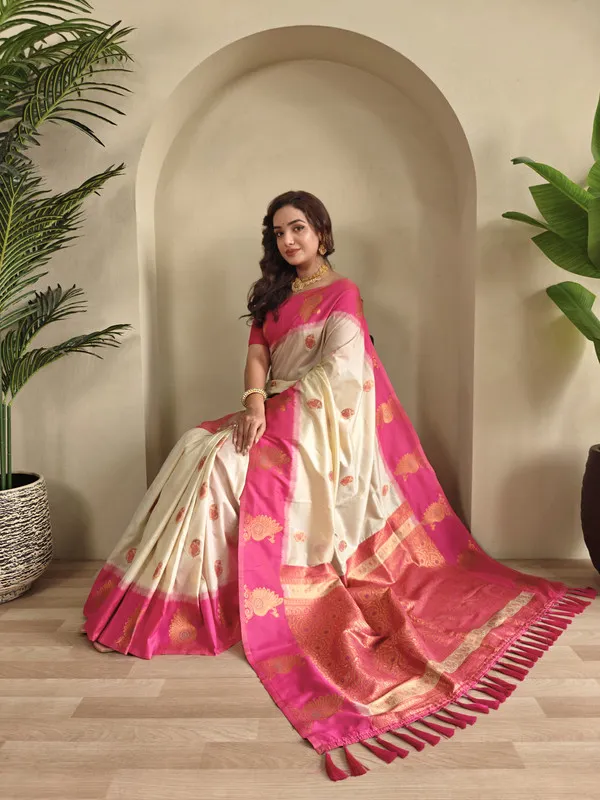 Cream_Silk_Weaving_Saree_For_Women