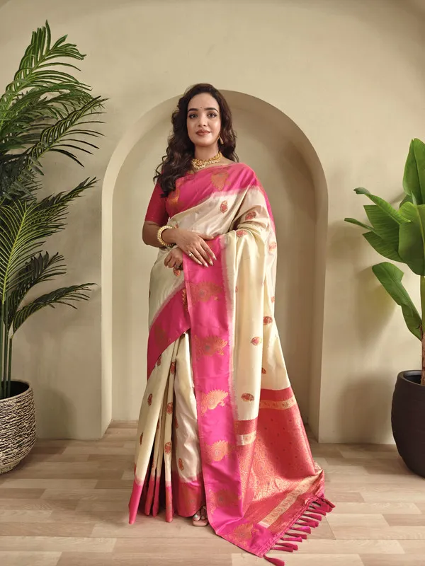 Cream_Silk_Weaving_Saree_For_Women