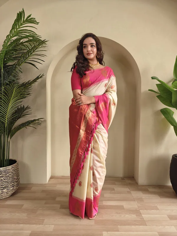 Cream_Silk_Weaving_Saree_For_Women
