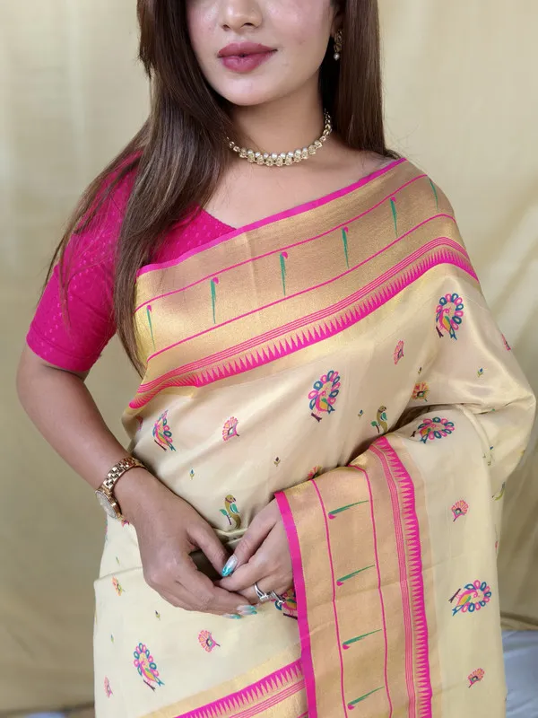 Cream_Tissue_Silk_Weaving_Saree_For_Women