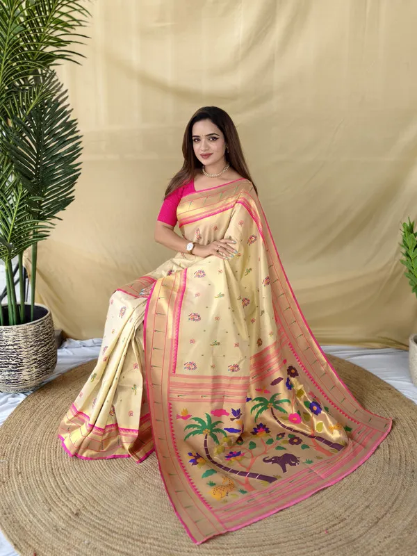 Cream_Tissue_Silk_Weaving_Saree_For_Women