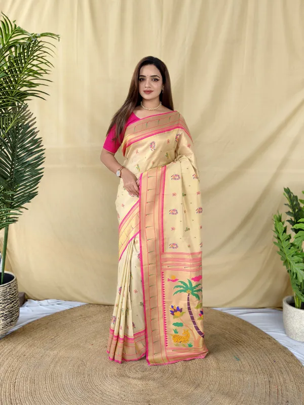 Cream_Tissue_Silk_Weaving_Saree_For_Women