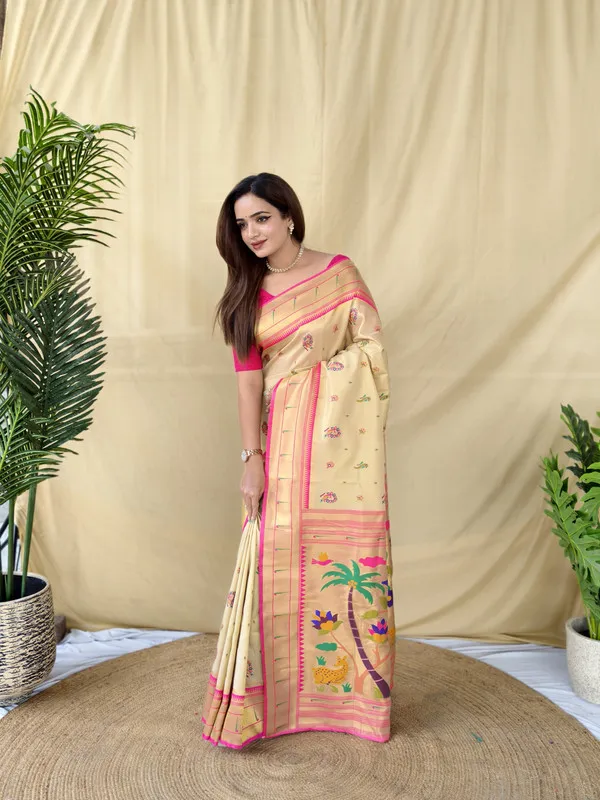 Cream_Tissue_Silk_Weaving_Saree_For_Women