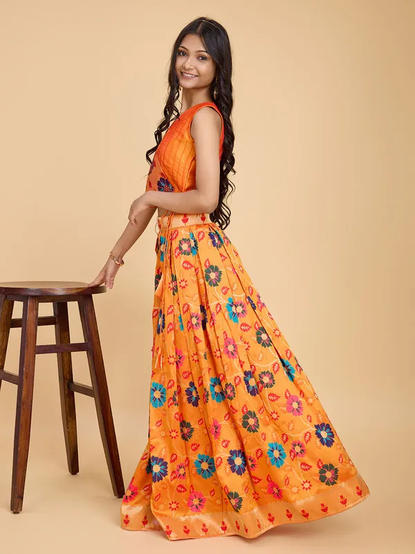 Orange_Silk_Blend_Woven_Lehenga_Choli_For_Girls