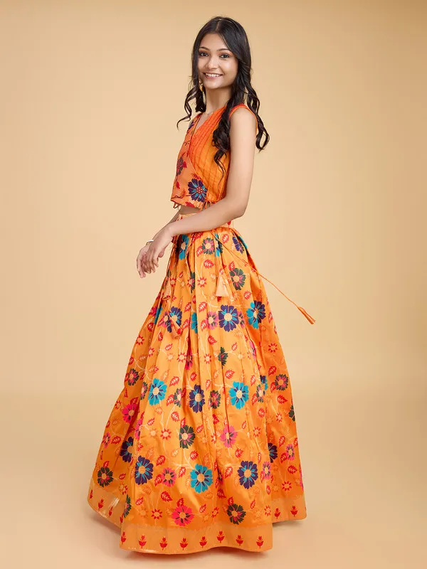 Orange_Silk_Blend_Woven_Lehenga_Choli_For_Girls