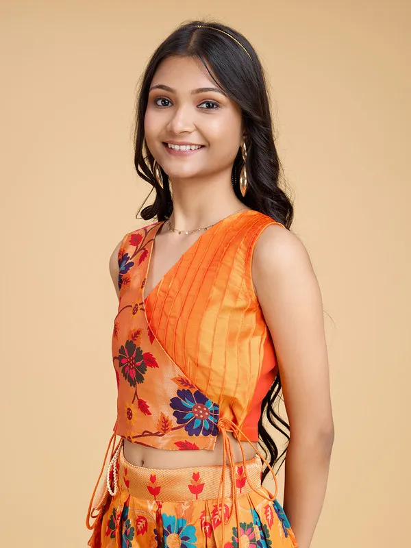 Orange_Silk_Blend_Woven_Lehenga_Choli_For_Girls