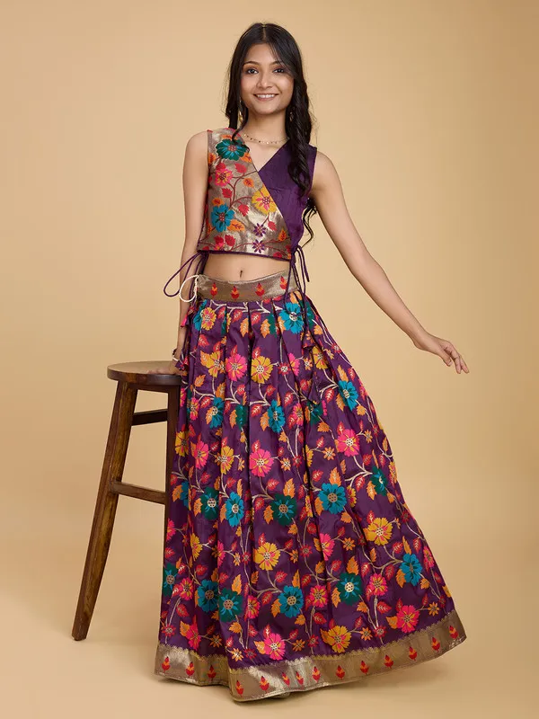 Wine_Silk_Blend_Woven_Lehenga_Choli_For_Girls