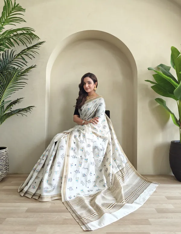 Cream_Tussar_Silk_Embroidery_Saree_For_Women