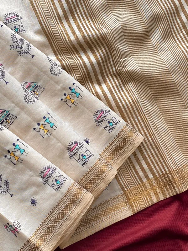 Cream_Tussar_Silk_Embroidery_Saree_For_Women