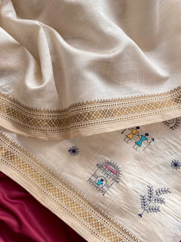 Cream_Tussar_Silk_Embroidery_Saree_For_Women