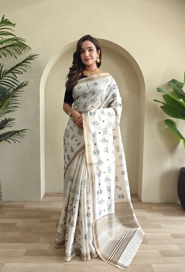 Cream_Tussar_Silk_Embroidery_Saree_For_Women