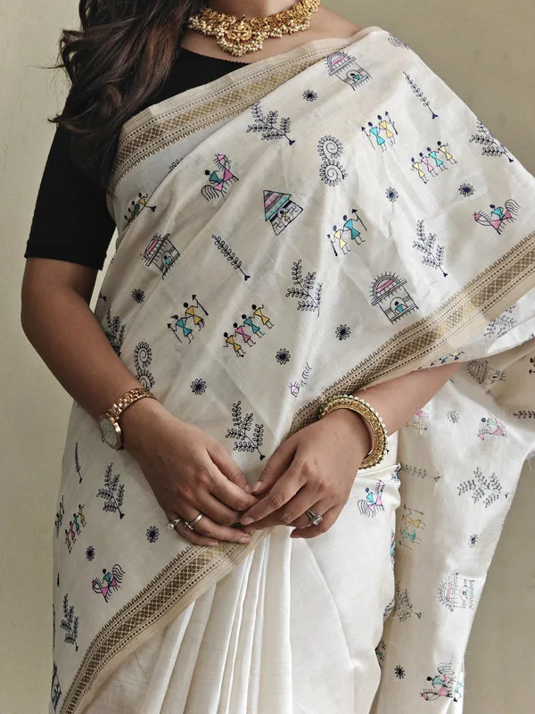 Cream_Tussar_Silk_Embroidery_Saree_For_Women