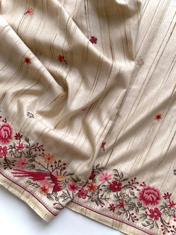Cream_Tussar_Silk_Embroidery_Saree_For_Women