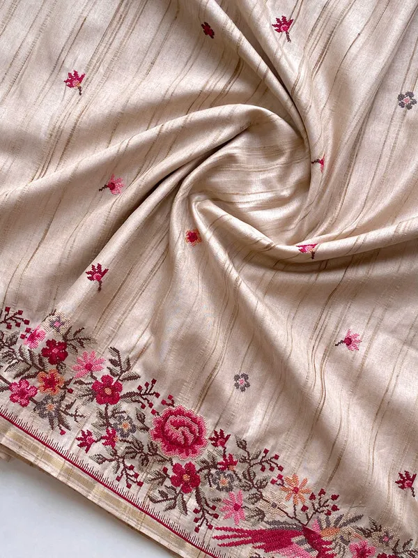 Cream_Tussar_Silk_Embroidery_Saree_For_Women