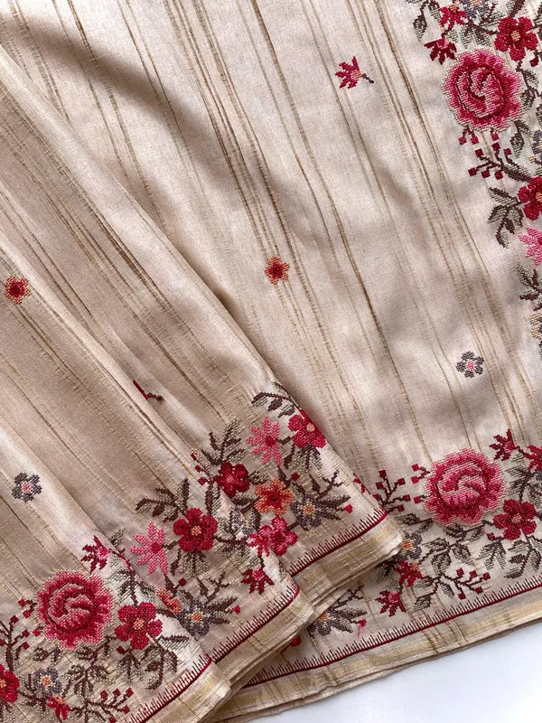 Cream_Tussar_Silk_Embroidery_Saree_For_Women