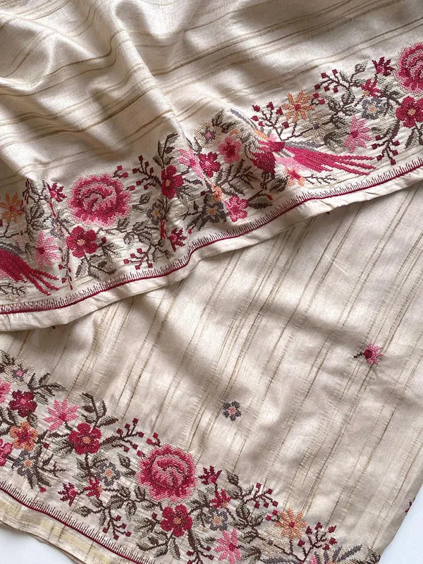 Cream_Tussar_Silk_Embroidery_Saree_For_Women