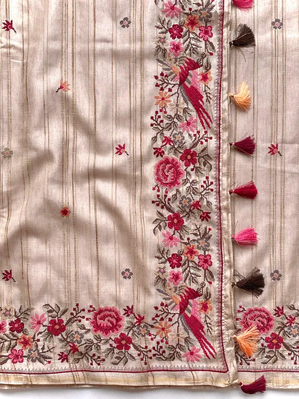 Cream_Tussar_Silk_Embroidery_Saree_For_Women