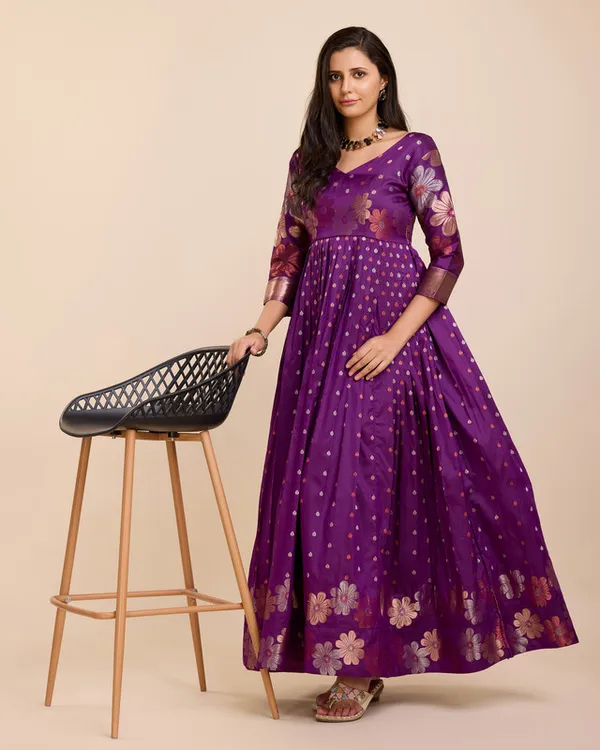 Wine_Soft_Silk_Copper_Weaving_Ethnic_Dresses_Gown_For_Women