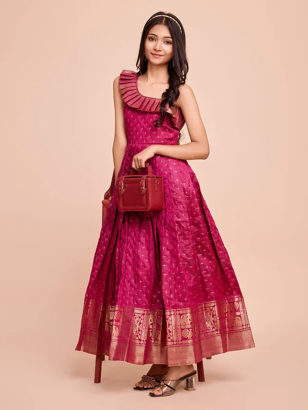 Pink_Silk_Blend_Woven_Ethnic_Dresses_Gown_For_Girls