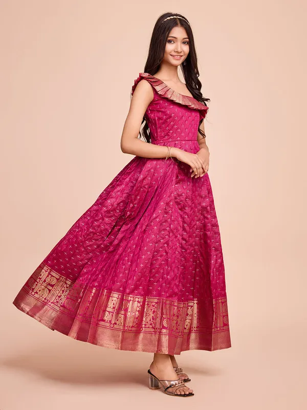 Pink_Silk_Blend_Woven_Ethnic_Dresses_Gown_For_Girls