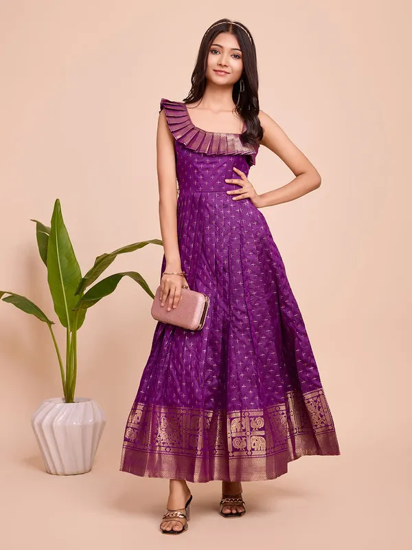 Purple_Silk_Blend_Woven_Ethnic_Dresses_Gown_For_Girls