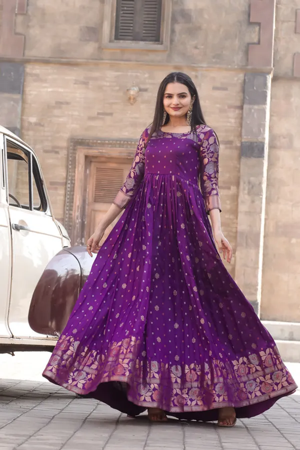 Wine_Soft_Silk_Copper_Weaving_Ethnic_Dresses_Gown_For_Women