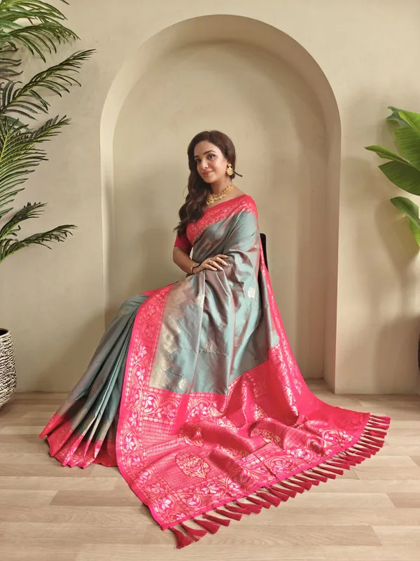 Denim_Dual_Tone_Silk_Weaving_Saree_For_Women