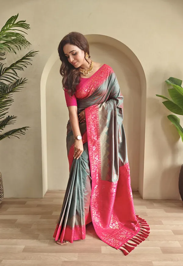Denim_Dual_Tone_Silk_Weaving_Saree_For_Women