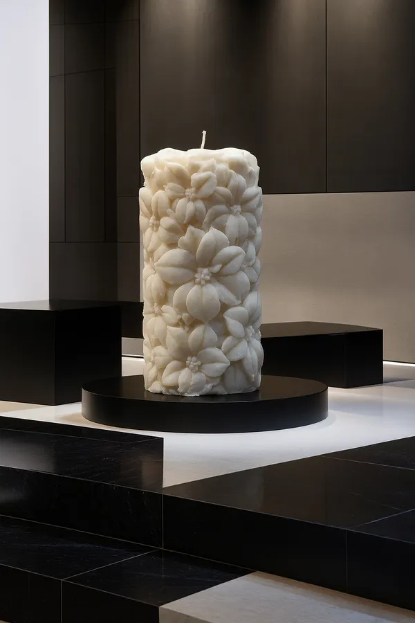 White_Floral_Pillar_Candle_For_Home_Decor