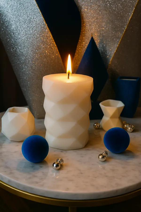 White_And_Blue_Geometric_Pillar_Candle_For_Home_Decor