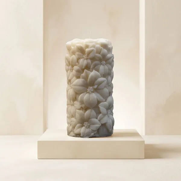 White_Floral_Pillar_Candle_For_Home_Decor