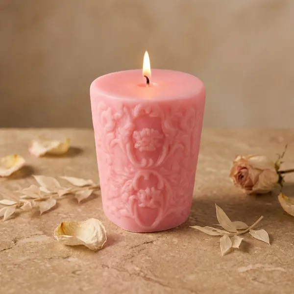 Pink_Carved_Pillar_Candle_For_Home_Decor