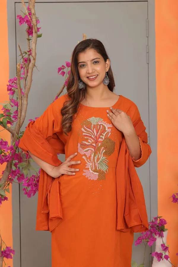 Orange_Cotton_Embroidery_Straight_Kurti_With_Pant_Set_For_Women