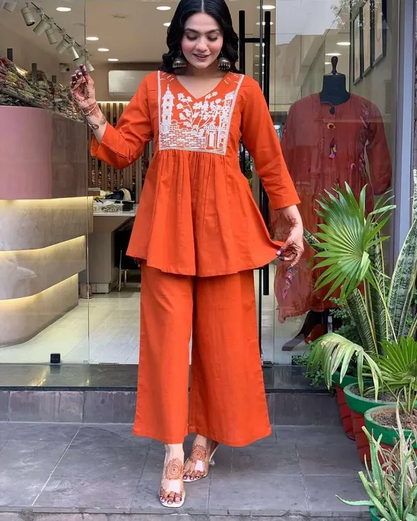Orange_Cotton_Embroidered_Flared_Kurta_With_Pant_Set_For_Women
