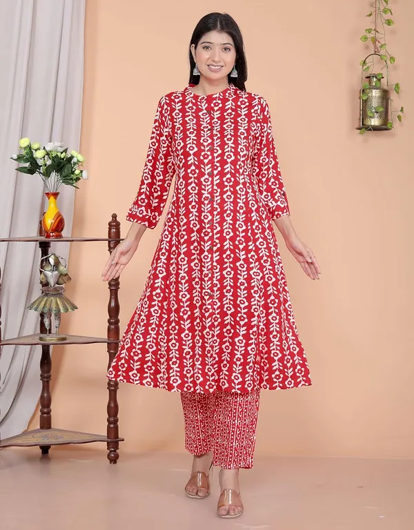 Red_Pink_Rayon_Floral_Printed_Mandarin_Collar_A_Line_Kurti_With_Trousers_For_Women
