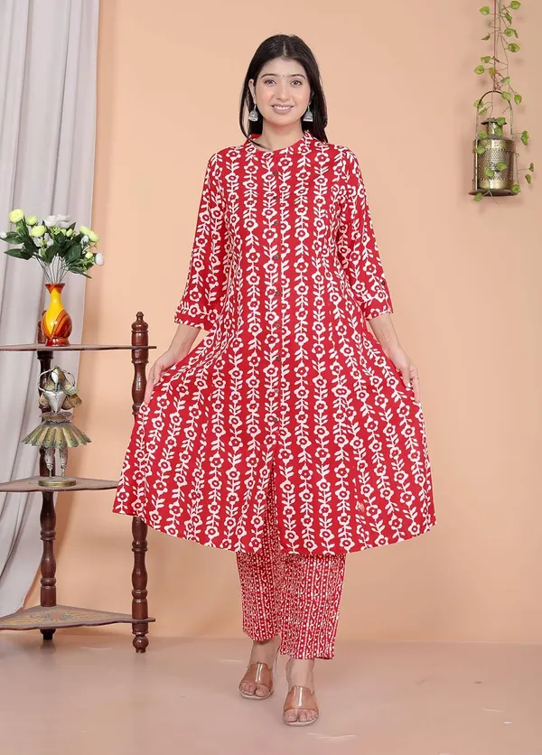Red_Pink_Rayon_Floral_Printed_Mandarin_Collar_A_Line_Kurti_With_Trousers_For_Women
