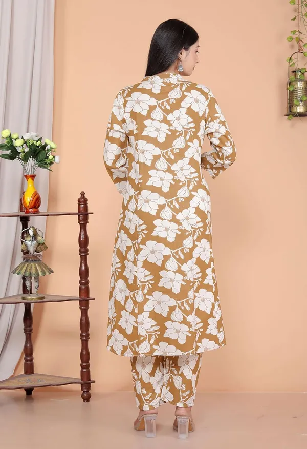 Brown_White_And_Yellow_Cotton_Floral_Printed_Mandarin_Collar_A_Line_Kurti_With_Pant_For_Women