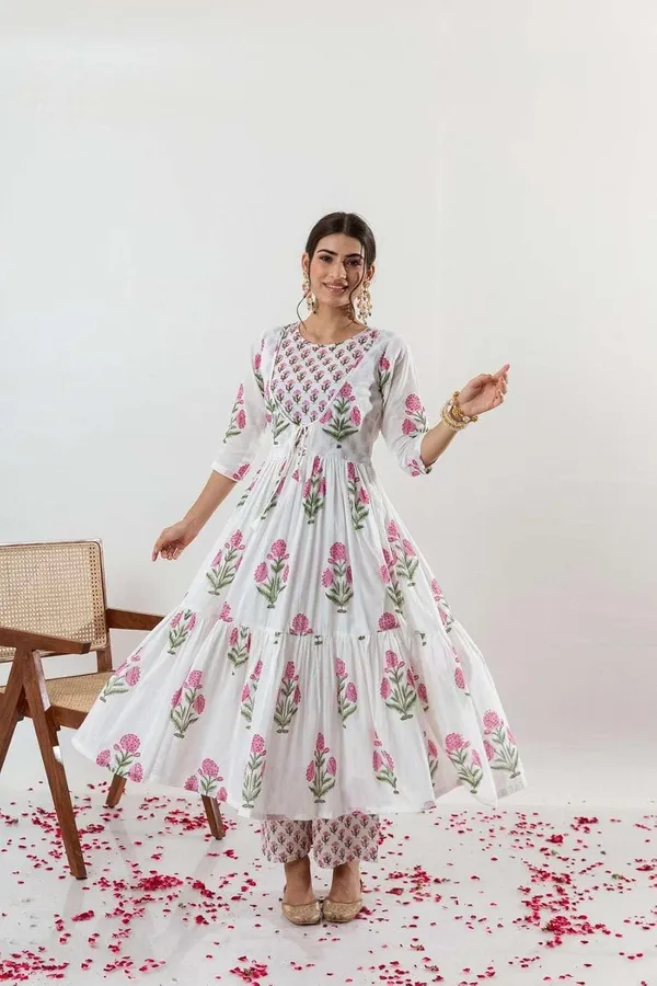 White_Cotton_Floral_Printed_Long_Anarkali_Kurti_With_Pant_And_Dupatta_For_Women