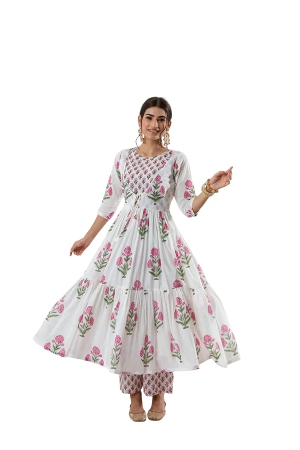 White_Cotton_Floral_Printed_Long_Anarkali_Kurti_With_Pant_And_Dupatta_For_Women